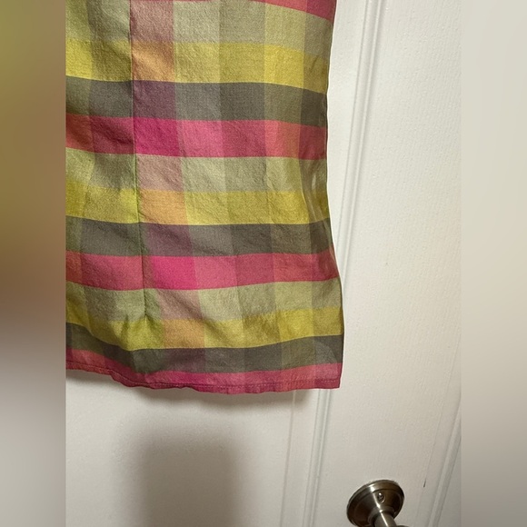 Kate hill 100% silk button down blouse puff sleeve 8p Green pink plaid preppy - Picture 16 of 16